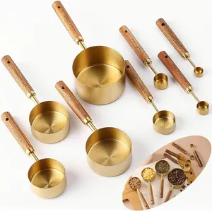 8Pcs Measuring Cups and Spoons Set - Golden Stainless Steel Measuring Cups with Wooden Handle, Metal Measuring Spoons Set Nesting Kitchen Measure Set for Kitchen/Food/Baking (8Pcs Wooden Handle) magnetic