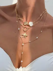 3-Piece Bohemian Style Metal Starfish and Seashell Pendant Necklace, Vintage Elegant Fashion Imitation Pearl Y-Shape Necklace Set for Women, Daily and Vacation Jewelry, Exquisite Chain Jewelry