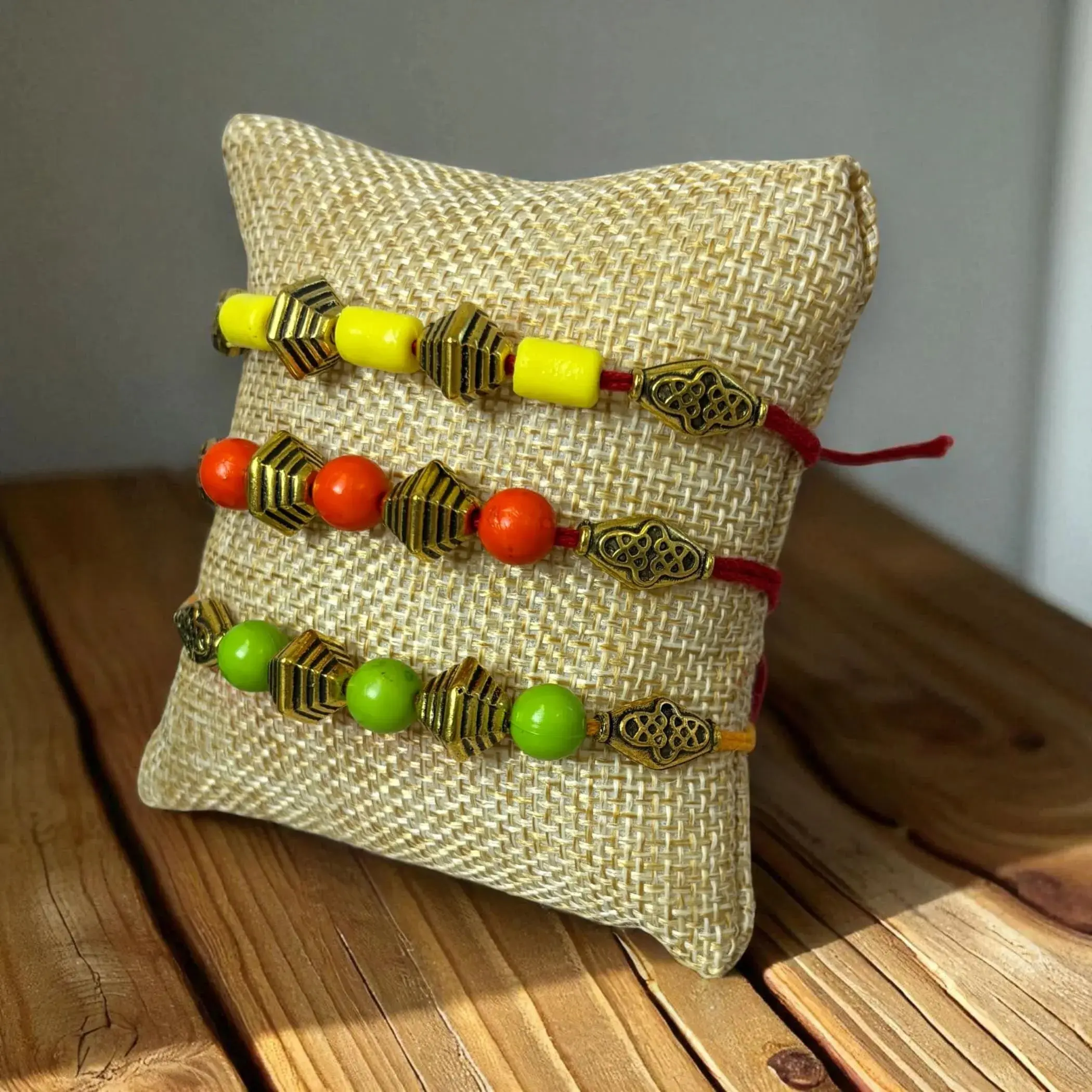 Handcrafted Rakhi & Card for Brother | Sacred Bead Rakhi Gift with Kumkum Roli | Rakshabandhan Blessings | Choose Green, Orange, or Yellow