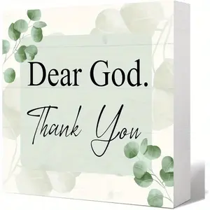 "Dear God Thank You" Christian Wood Sign 5x5 Inch - Rustic Farmhouse Quote Decor, Inspirational Religious Sayings for Home, Office, Desk, Shelf - Spiritual Tabletop Gift