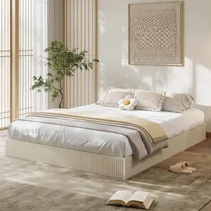 GAOMON Queen Bed Frame, Wood Platform Bed with Fluted Design, Low Profile BedFrame, Minimalist Bed Base with Noise-Free, Easy Assembly, No Box Spring Needed, Cream