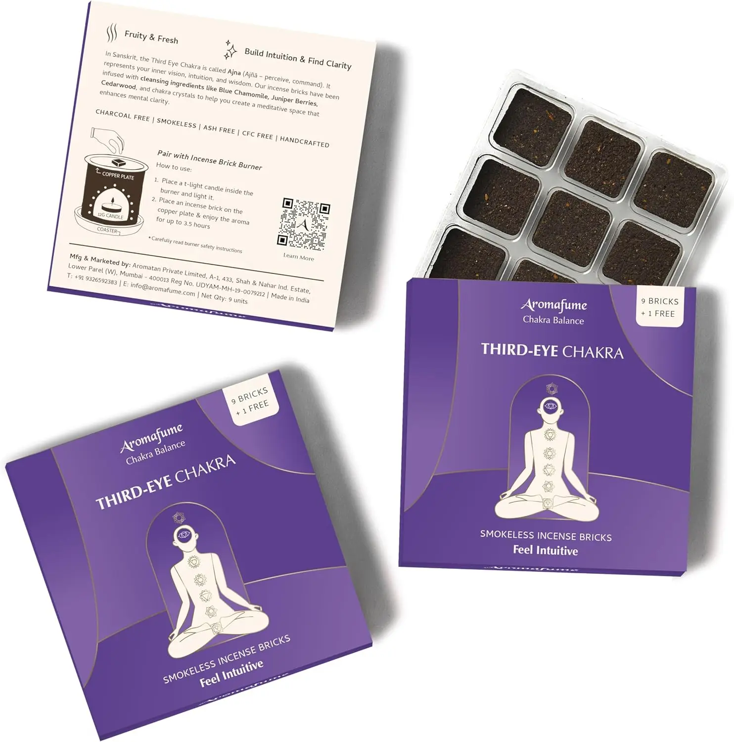 Third Eye Chakra Incense Brick Refill by Aromafume | 3 Trays x 9 Bricks | Ajna | Smokeless Incense Set for Chakra Balance | Rose & Juniper Extracts | Yoga & Meditation Gifts | Non-Toxic