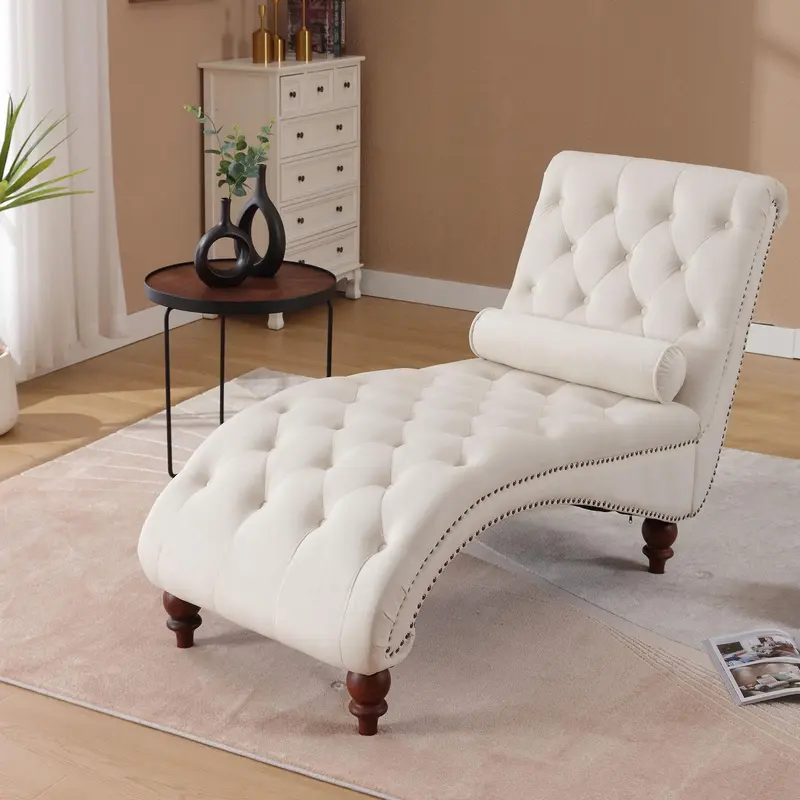 Indoor Armless Legged Chaise Lounge Chair - Button-Tufted, Nailhead Decor, Solid Wood Antislip Feet, Waist Support Pillow, Supportive Sitting for Bedroom, Small Apartment (Navy)