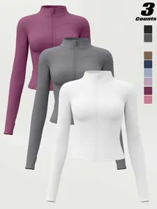 Women's High Elastic Stand Collar Thumb Hole Slim Fit Yoga Top, High Elasticity Jacket, Breathable Long Sleeve Running Jacket, Spring & Fall Sportswear, S-Xxxl Sizes