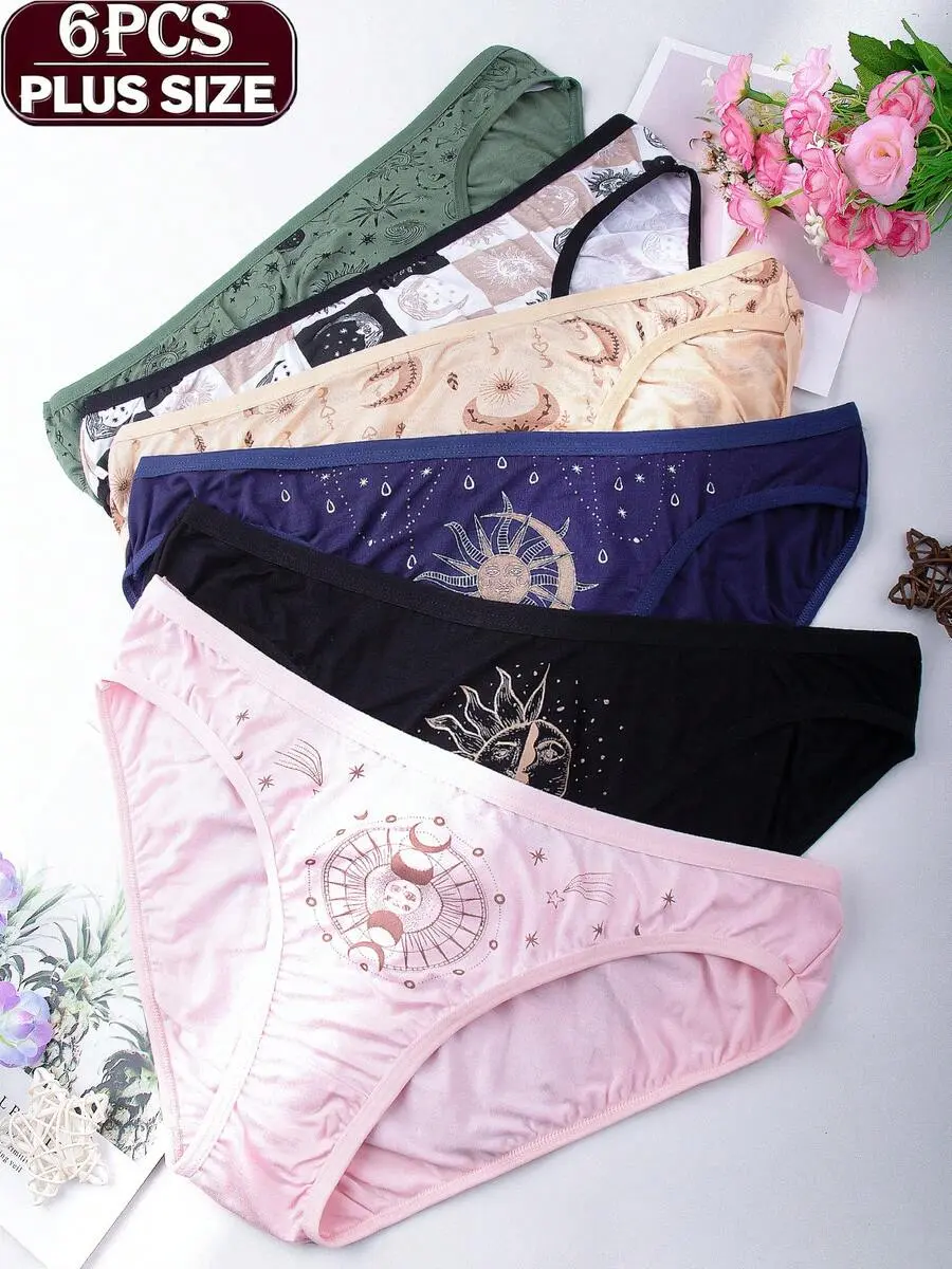 6 Pack Plus Size Women's Low Waist Panties, Sun Moon Star Print, Soft Breathable Comfort Loose Fit Underwear, Multi Color All Season Daily Briefs