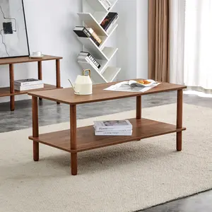 Modern 2-Tier Coffee Table for Living Room Furniture,Rectangular Center Table with Open Storage Shelf,Rounded Rubberwood legs,Stable and Durable,Easy Assembly    RR