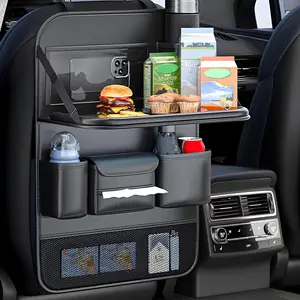 FASTAGEI Universal Foldable Car Backseat Organizer with Table Tray, Car Seat Back Protector with Touch Screen Phone Holder, Premium Leather Kick Mats with Storage Pockets Tissue Holder (Black)