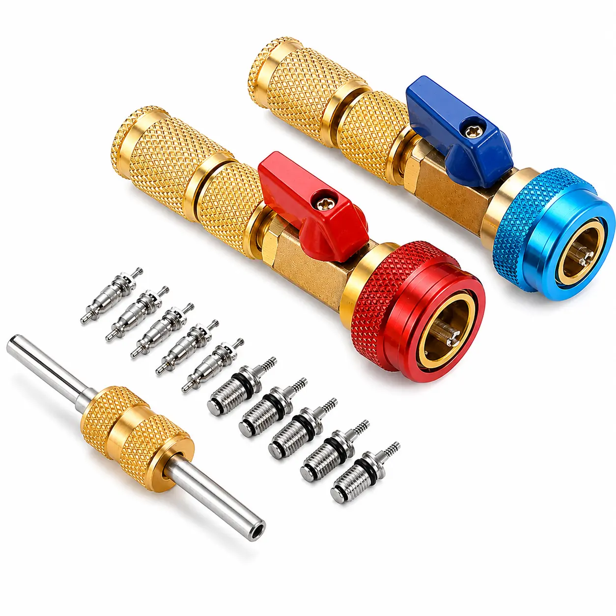 Automotive A/C R134a Valve Core Removal-Install Tool Kit - Metal Dual-Tools with High-Low Side Quick Couplers, 10 Replacement Cores, Dual-End Wrench for Car Air Conditioning Service, Includes 10 Cores