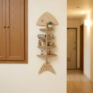 Mediterranean Fishbone Wall Rack, Wooden Wall Rack, Rustic Natural Wood Design, Multi-Layer Storage Shelf, Scandinavian Coastal Style Hanging Organizer, Room Decor