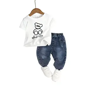 Baby Boy Denim Outfit AA1080219 - 2pcs Short-Sleeve Top with Bear Print & Regular Fit Jeans for 0-3 Years Old Boys
