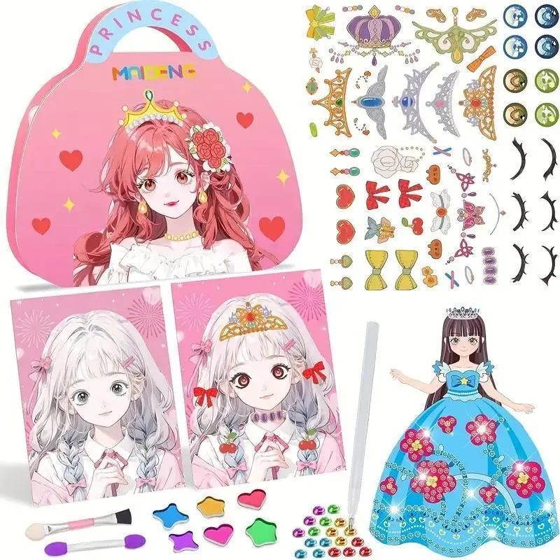 DIY Sparkling Diamond Princess Makeup Bag Set, Handmade Beads and Sequins Sticker Kit, Paper Makeup Toy, Perfect for Girls, Christmas, Easter, Mother's Day