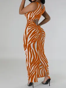 Women's Zebra Stripe Print Cut Out Ruched Split Thigh Bodycon Dress, Elegant Fashion Statement Scoop Neck Backless Tank Long Striped Dress for Party Holiday Vacation, Ladies Summer Clothes Bodycon Womenswear