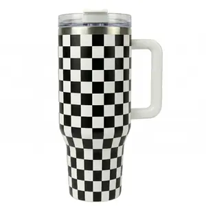 Retro Checkered Print 40oz Insulated Mug - Aesthetic Stainless Steel Coffee Cup with Lid & Straw,Birthday Gift Idea,Unique Racing Grid Cup for Women & Men,Car Cup Holder Friendly Travel Mug,Checkered Insulated Tumbler