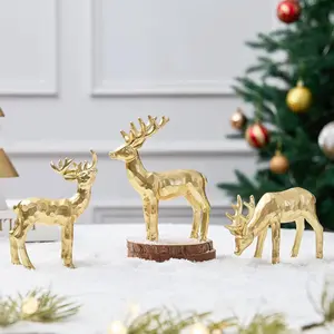 3pcs Resin Reindeer Figurines for Christmas Decor Gold Tabletop Reindeer Statues Small Decorative Deer Figurines for Indoor Christmas Tabletop Mantle Decorations