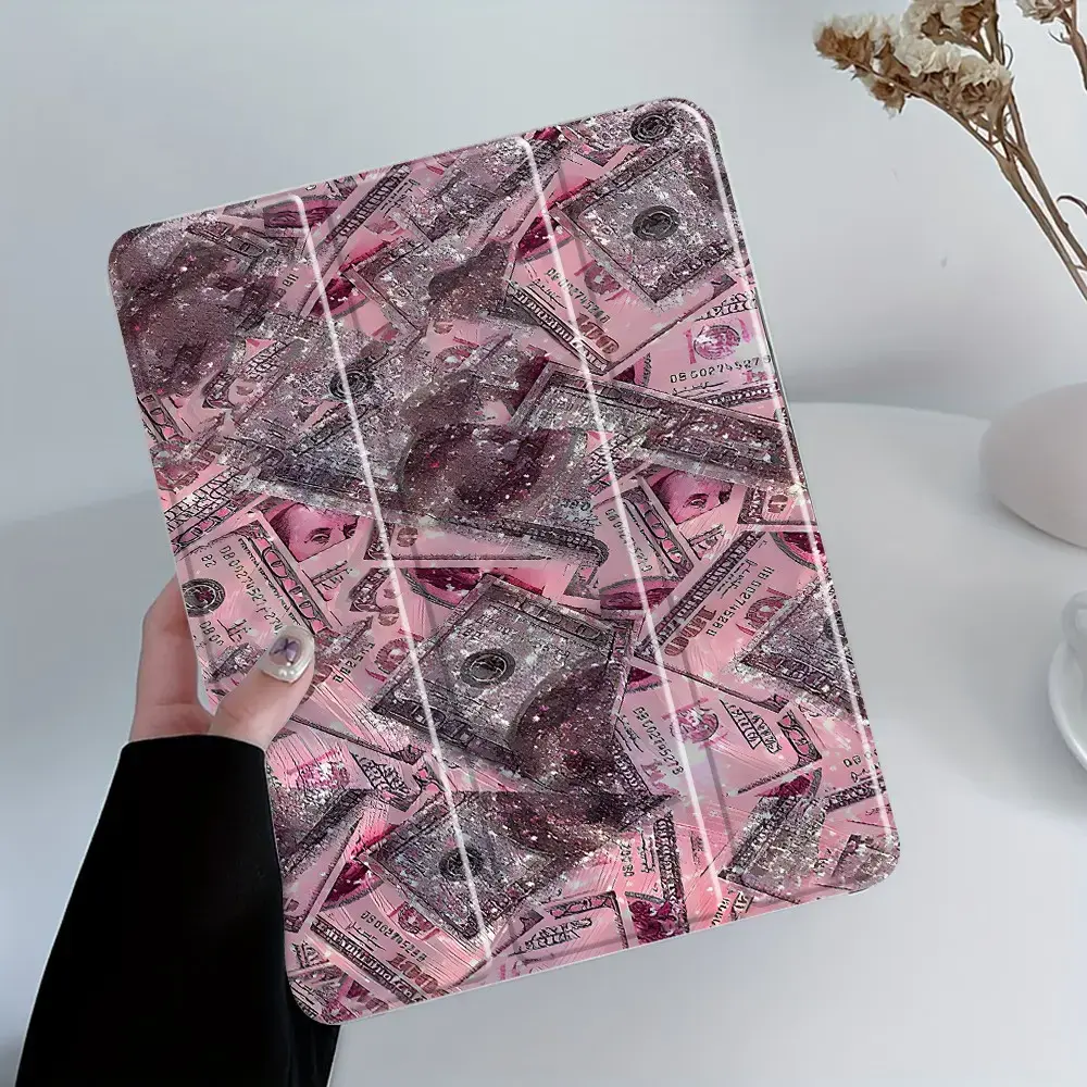 Pink Glitter Money iPad, Tablet Case, Tablet Covers, iPad Sleeve, Y2K Dollar Print Protective Cover Auto Wake/Sleep, Anti-Drop Scratch-Resistant, Transparent Acrylic Back, Fits iPad 10.2/11 inch, Shock-resistant Cover kid girl slot pen pro9