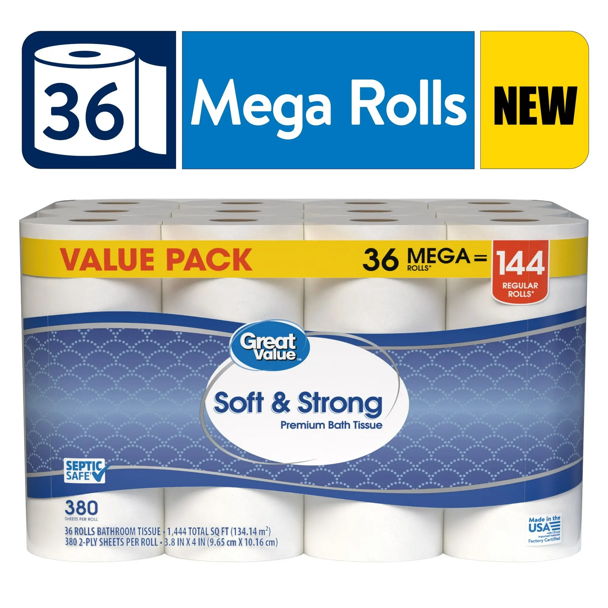 36 Mega Rolls 2-Ply Toilet Paper, 380 Sheets Each, Soft Unscented Bathroom Tissue for Everyday Household Use