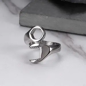 GTHIC Punk Locomotive Wrench Stainless Steel Ring Fashion Accessories for Men Daily Wear