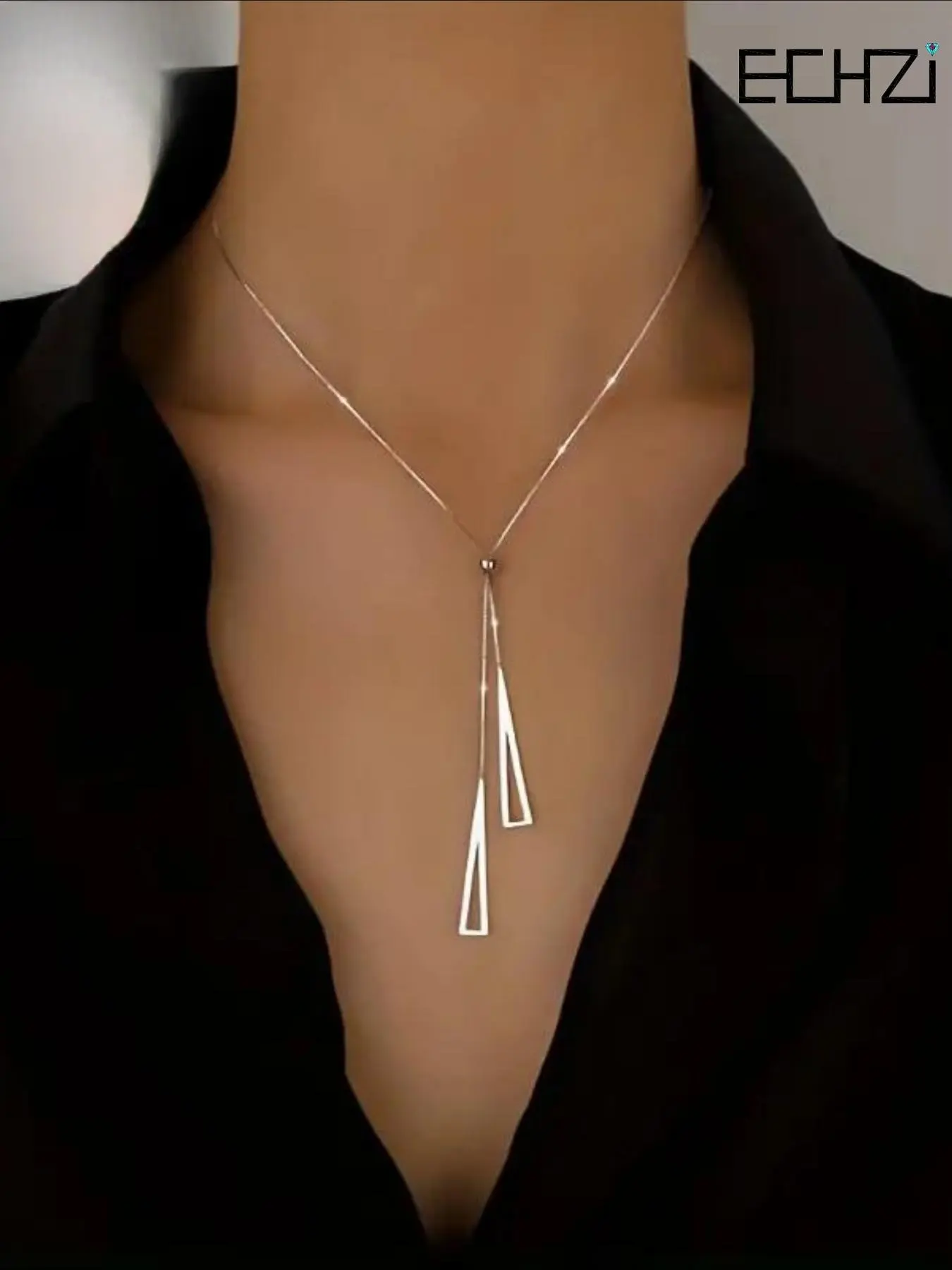 S925 Sterling Silver Adjustable Geometric Triangle Pendant Necklace, Elegant Style Y Shape Necklace, Minimalist Vacation Style Accessory, Statement Necklace, Decorative Necklace, Elegant Chain
