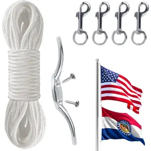 Flag Rope and Clips Kit - 50ft Flag Pole Rope Halyard with Cleat Hook & 4 count Swivel Snap Clips for Flagpoles Up to 25ft, Outdoor Porch Flagpoles Repair Replacement Parts Accessories