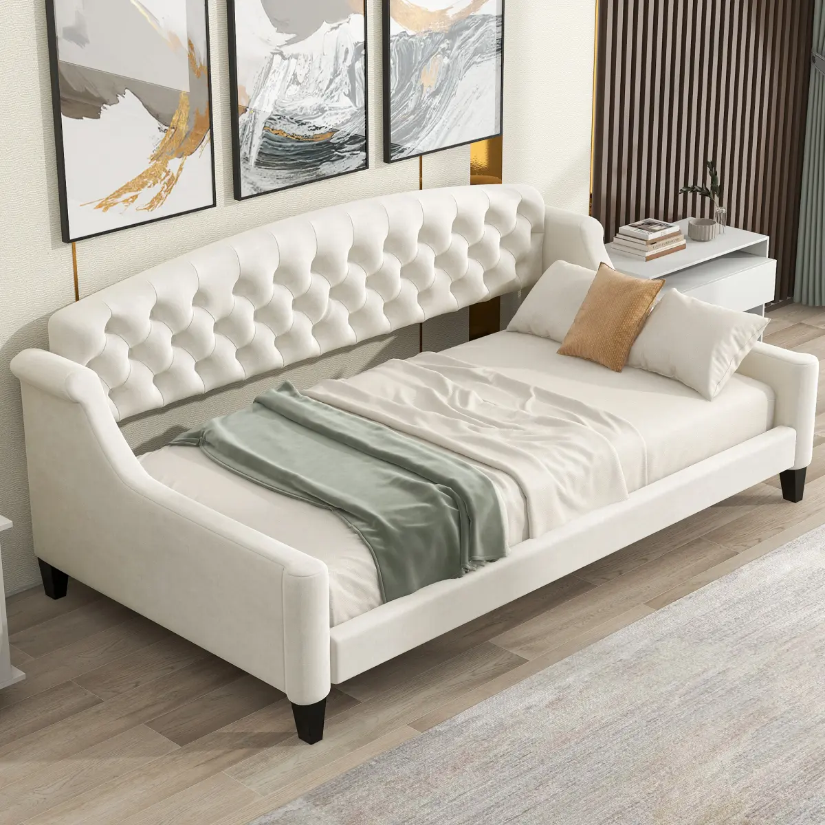 Twin Fit Modern Luxury Button Tufting Daybed - Beige Plywood+Velvet Indoor Furniture with Extra Seating (Old SKU:GX001008AAA)