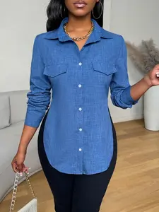 A ladies' blue button-down slim fit shirt with a pocket decoration and long sleeves, suitable for all kinds of office wear.