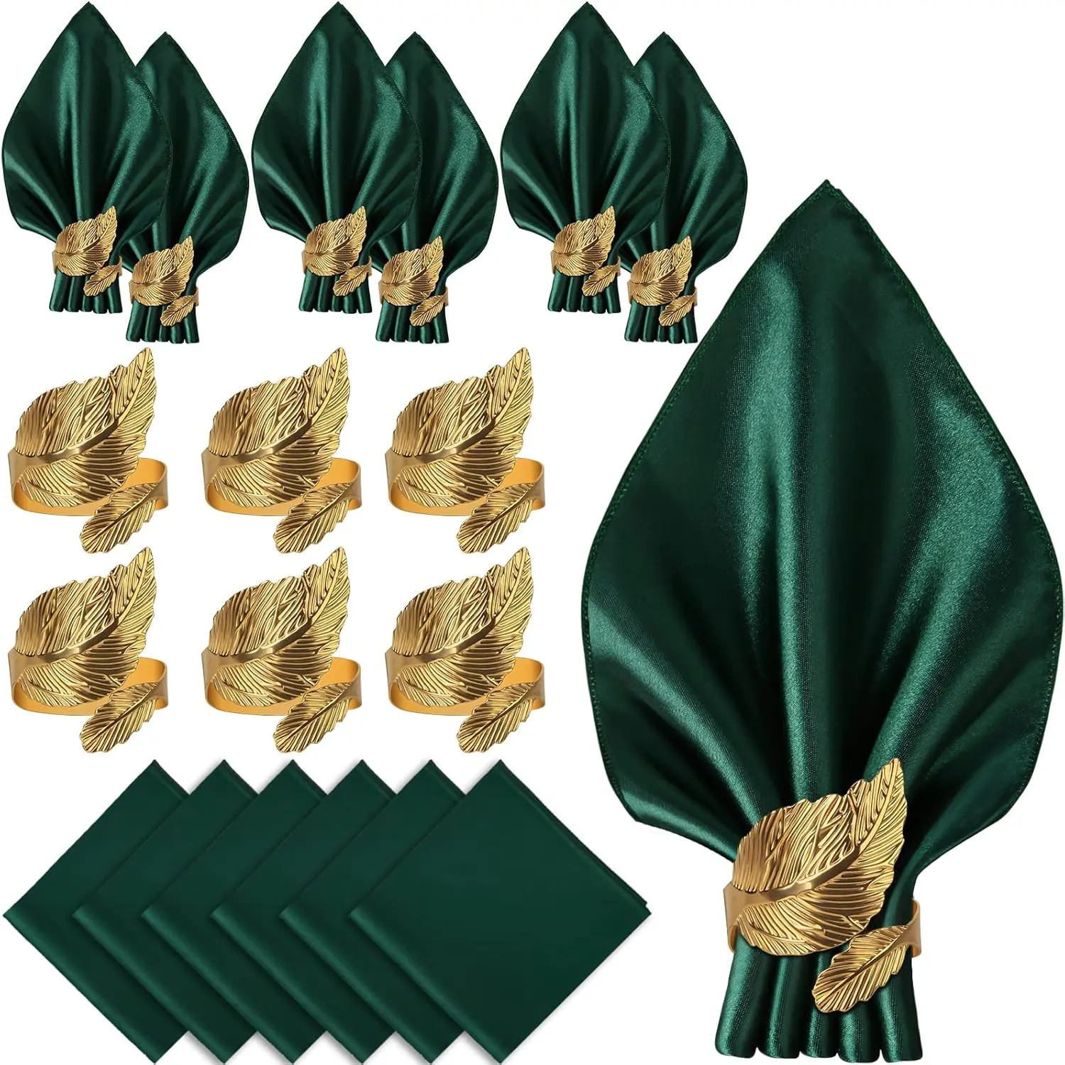 12-Piece Napkin Set & Leaf Napkin Rings, 6-Pack, 17x17 Satin Square Tabletop Decor, Decorative napkins, Personalized Wedding Shower Party Supplies, Tableware