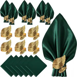 12-Piece Napkin Set & Leaf Napkin Rings, 6-Pack, 17x17 Satin Square Tabletop Decor, Personalized Wedding Shower Party Supplies, Tableware