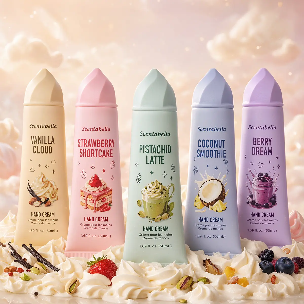 Dessert-Inspired Gourmand Hand Cream 5pcs Set | Creamy Whipped Texture | Sweet Scented Moisturizing Hand Cream | Vanilla, Strawberry, Pistachio, Coconut & Berry | 5 x 1.69 oz