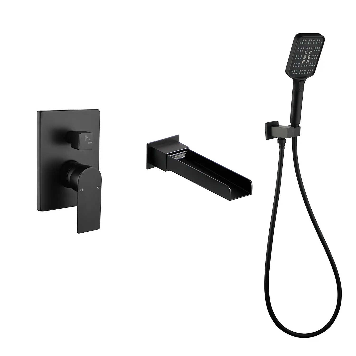 Wall Mount Bathtub Faucet, 3-Hole Single Handle Tub Filler with Waterfall Spout & 3-Function Handheld Shower, Matte Black, Brushed Nickel, Brushed Gold