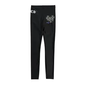 Women's Mid-Waist Chrome Hearts Vintage Plus Cross Logo Leggings - Activewear Bottoms - Suitable for Sport & Casual Use - Available in Black, Grey, Blue