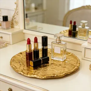 Golden Wrought Iron Hammered Texture Decorative Tray, Light Luxury Vanity Jewelry Organizer, Home Aromatherapy and Key Holder Tray, Anti-Slip and Scratch-Resistant, Jewelry Trays