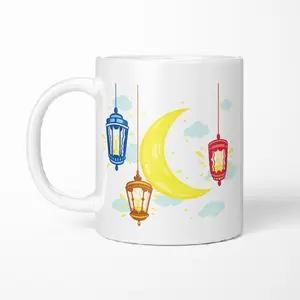 Aesthetic Eid Mubarak Moon Mug: Hand-drawn Lanterns & Golden Crescent Design, 11oz Ceramic Cup, Perfect Islamic Ramadan Gift for Family
