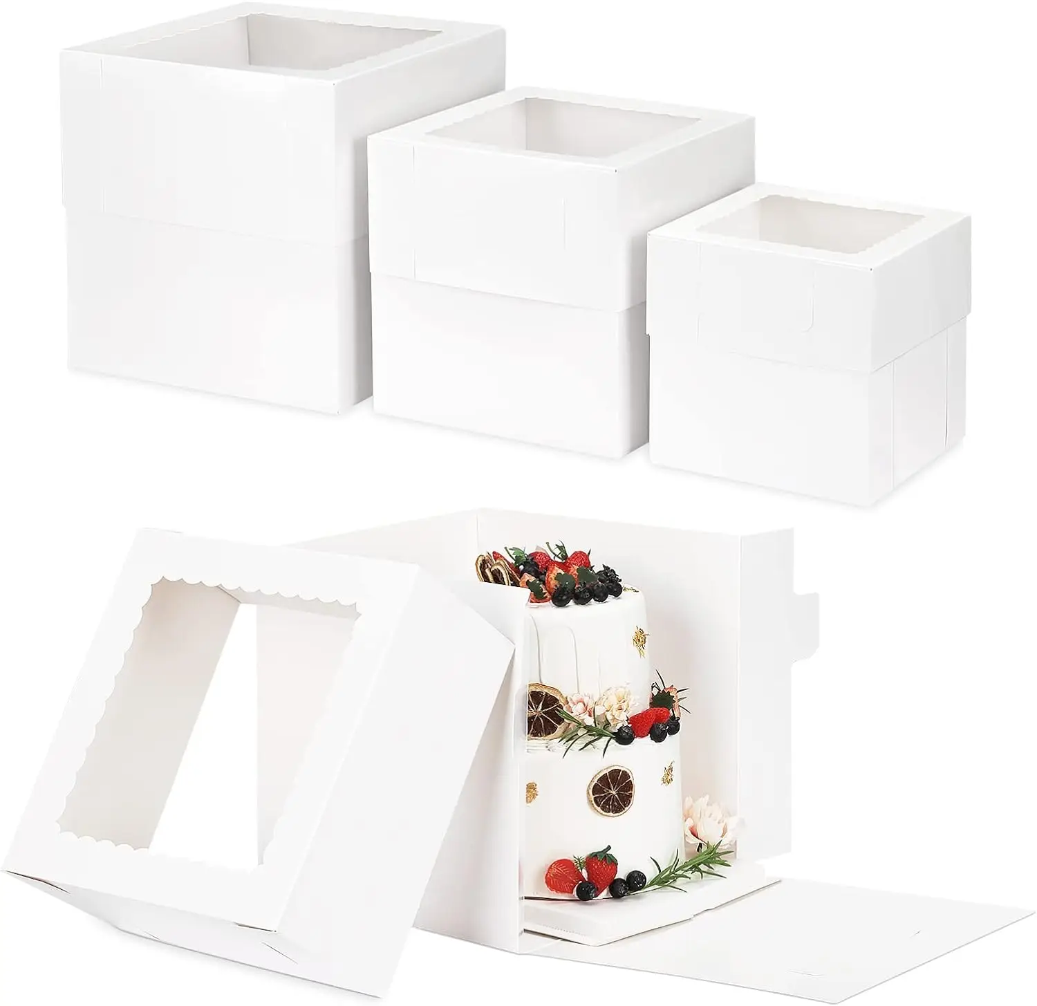 12 Pcs Cake Box, Tall Cake Boxes with Window in 3 Sizes 12x12x12 10x10x10 8x8x8 Inches, Bakery Boxes Disposable Carrier Take Out Container, 2 or 3 Tie