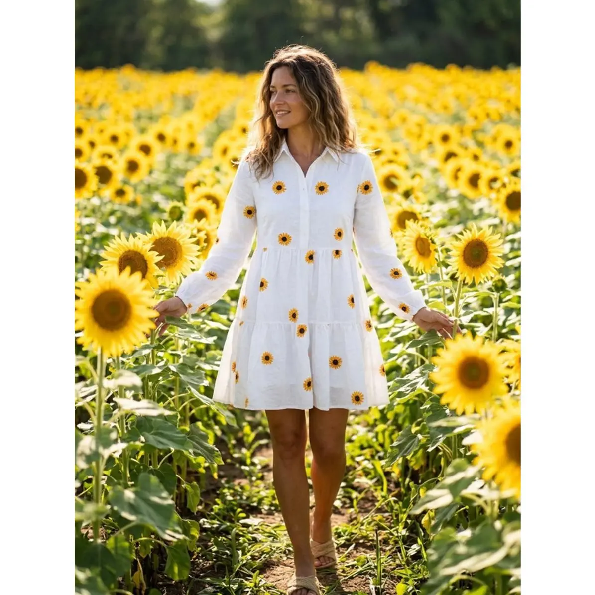 3XL Sunflower Print Dress for Women - White Long Sleeve A-Line Dress with Sunflower - Perfect for Casual Wear