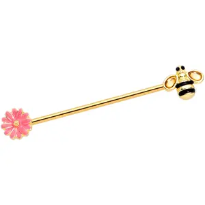 14G Clear Black Gem Gold Tone Bee Floral Industrial Barbell 38mm 14G Clear Black Gem Gold Tone Bee Floral Industrial Barbell 38mm