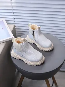 Girls' Winter Warm Boots, Fashionable Thick Lined Shoes, Comfortable Outdoor Footwear for Girls, Stylish Kids' Booties, Cute Winter Boot