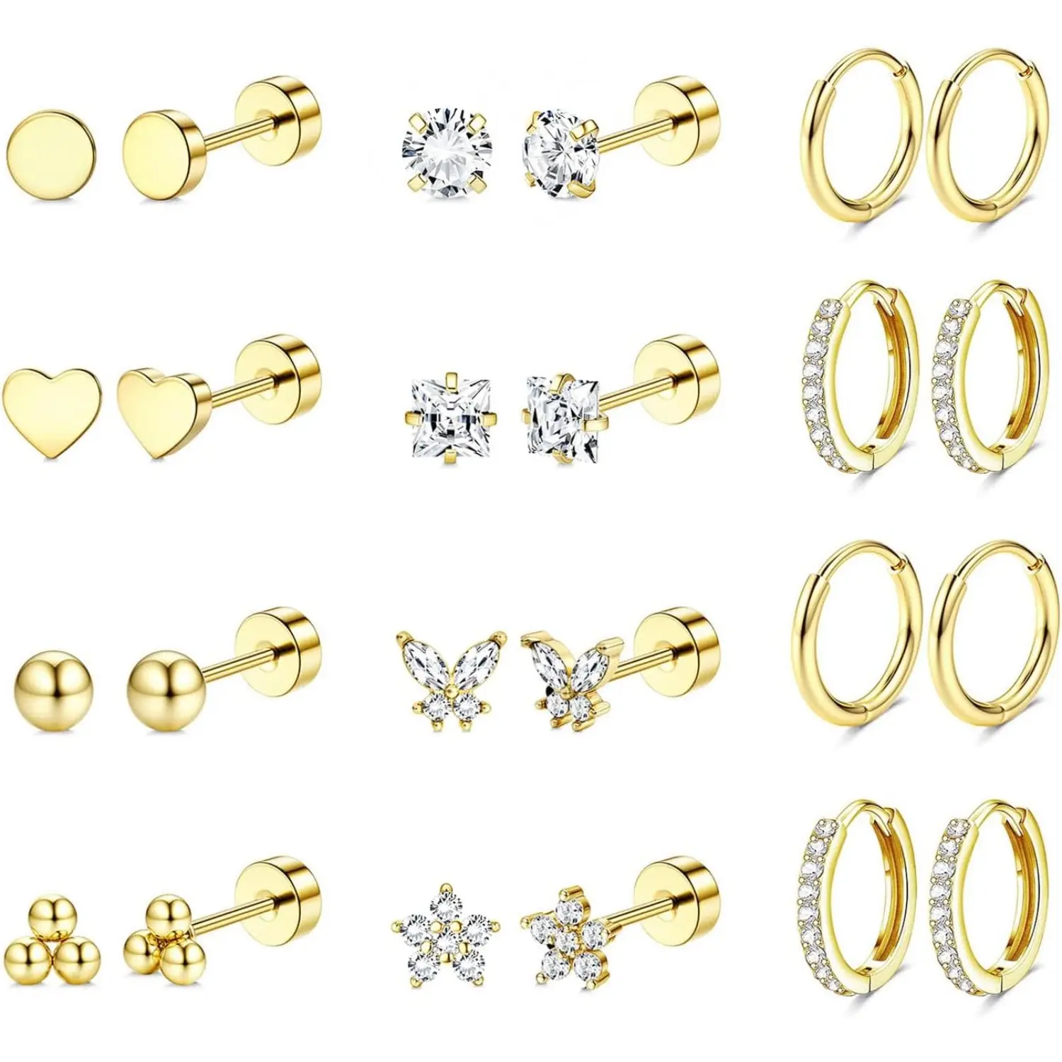 MILACOLATO Hypoallergenic 14K Plated Gold Flat Back Earrings for Women Men Surgical Stainless Steel Earrings for Sensitive Ears Small Stud Hoop Cartilage Earring Stack Set for Multiple Piercing Jewelry, Earring For Women, Heart/Ball