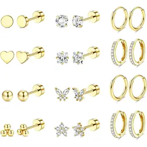 MILACOLATO Hypoallergenic 14K Plated Gold Flat Back Earrings for Women Men Surgical Stainless Steel Earrings for Sensitive Ears Small Stud Hoop Cartilage Earring Stack Set for Multiple Piercing Jewelry, Earring For Women, Heart/Ball