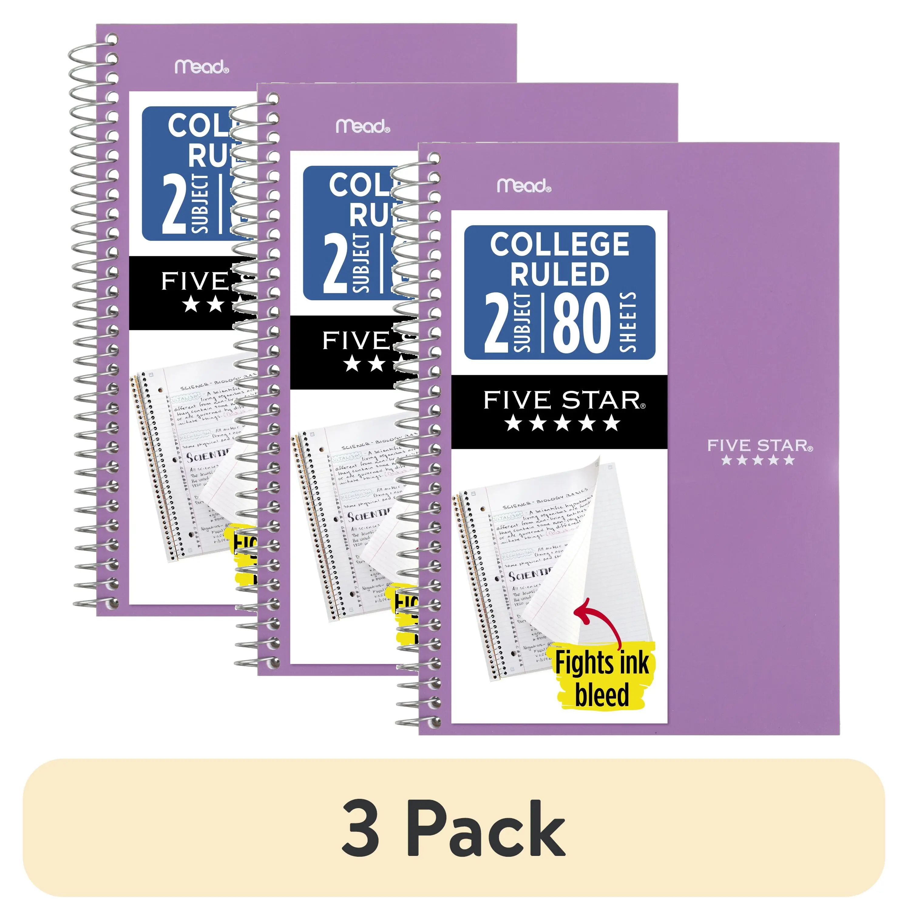 (3 pack) Five Star Spiral Notebook, 2 Subject, College Ruled, 6" x 9.5", Amethyst Purple
