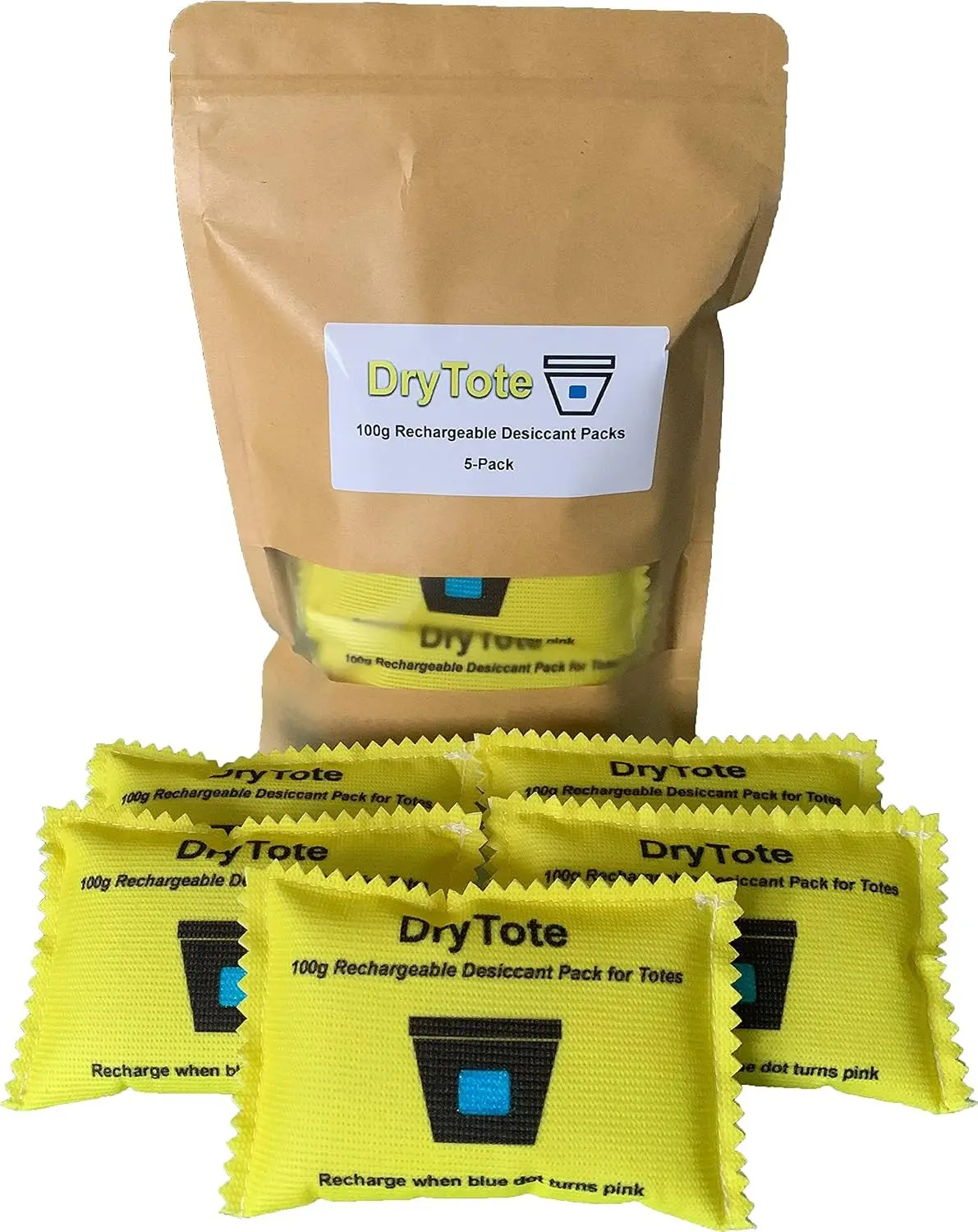 DryTote Rechargeable Desiccant Packs (5 Pack), Color Indicating Silica Gel Moisture Absorber for Storage Bins, Totes, Suitcases & 3D Printer Filament, 100g