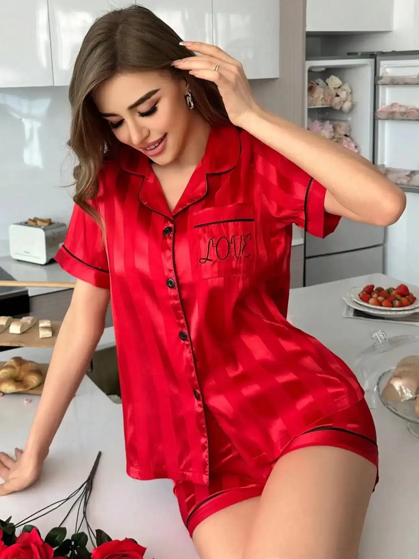Classic 2-Piece Satin Pajama Set Utility Style, Striped Collared Short Sleeve Top with Pockets, Bow Shorts, Casual Home Wear, Loungewear, Comfortable Sleepwear, Travel Outfits, Must Have, Long Lasting