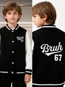 American Street Style "Bruh" Letter 67 Number Print Boys' And Girls' Spring/Autumn New Style Cool Baseball Jacket Cardigan Coat, Fashionable, Casual, Comfortable, Suitable For Daily Use And Outdoor Occasions, Great Choice For Gift Giving.