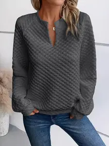Women's Fall Winter New Solid Color Deep V Neck Patchwork Long Sleeve Casual Lady Sweatshirt, Stylish and Comfortable Fashion Top