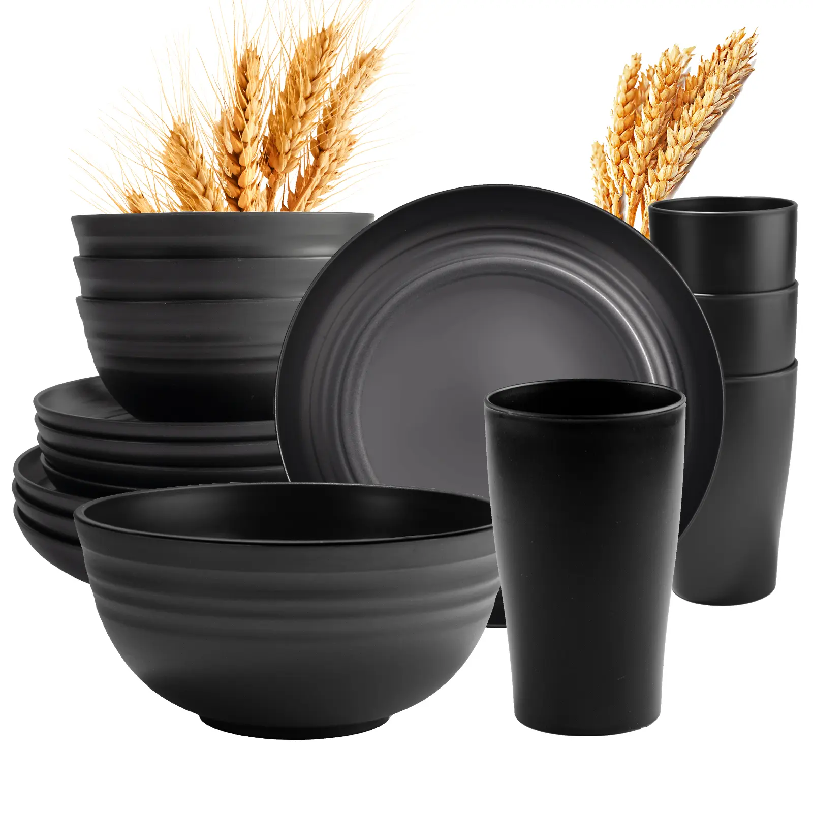 Sebastian CADIA Black 16-Piece Wheat Straw Tableware Set - 8 Plates, 8 Bowls, Lightweight Cutlery, Unbreakable, BPA-Free, Dishwasher Safe, Microwave Safe, Kitchen Camping Supplies, Black 16 Piece Set