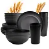 Sebastian CADIA Black 16-Piece Wheat Straw Tableware Set - 8 Plates, 8 Bowls, Lightweight Cutlery, Unbreakable, BPA-Free, Durable, Natural Fiber, Food Grade, Dishwasher Safe, Microwave Safe, Household Items, Home Goods for Everyday Meals