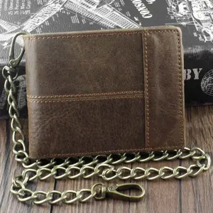 Retro Real Leather Chain Wallet Mens Bifold Many Card Holder With Safe Keychain