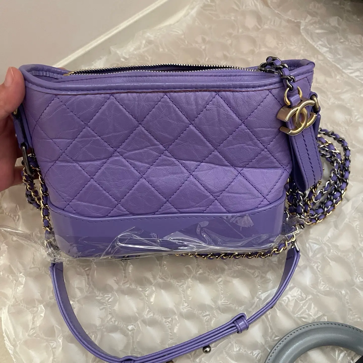 Pre-owned CHANEL Pre loved Purple Quilted Gabrielle Small Crossbody Bag Gold Hardware