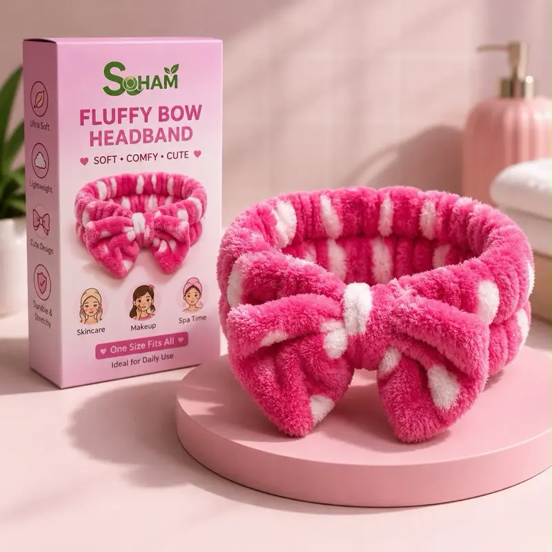 Fluffy Bow Headband – Soft Stretchy Spa & Skincare Headband