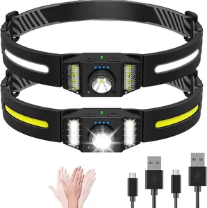 LED Headlamp Rechargeable 2 count, Wide Beam Bright Headlight Flashlight with White Red Light, Lightweight, Weatherproof, 9 Modes Motion Sensor  Lamp for Outdoor Camping Running