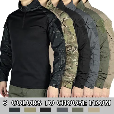 Men’s long-sleeve top with a half zipper and stand collar, available in six colors; camouflage color-block design, stretchy and breathable for outdoor wear.